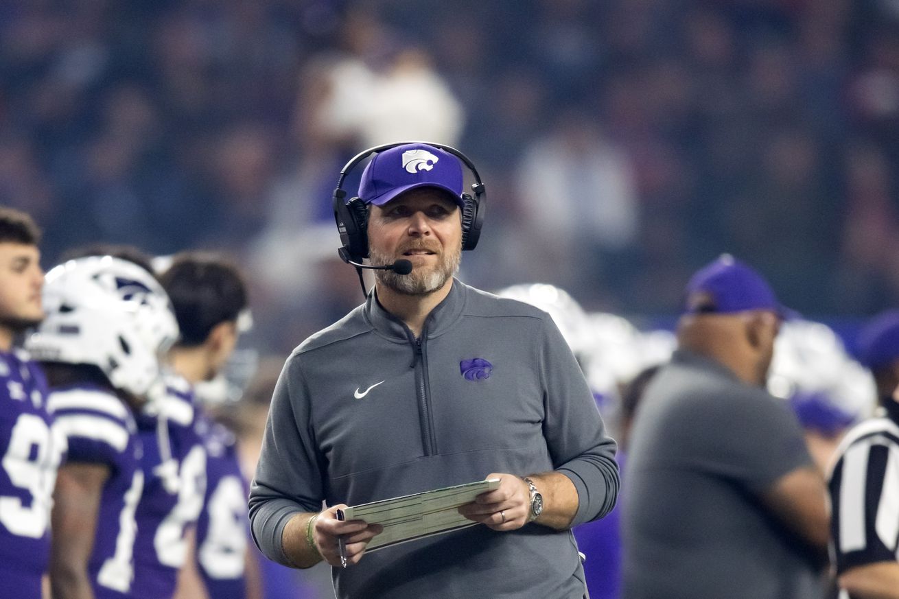 Dec 26, 2024; Phoenix, AZ, USA; Kansas State Wildcats offensive coordinator Conor Riley against the Rutgers Scarlet Knights during the Rate Bowl at Chase Field.