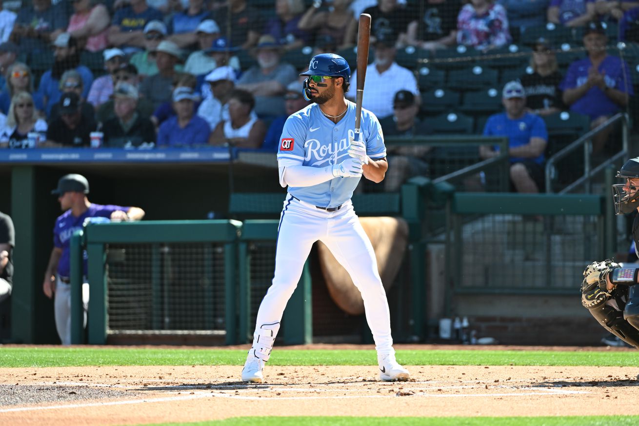 MJ Melendez #1 of the Kansas City Royals gets ready in the batters box against the Colorado Rockies during a spring training game at Surprise Stadium on February 26, 2025 in Surprise, Arizona.