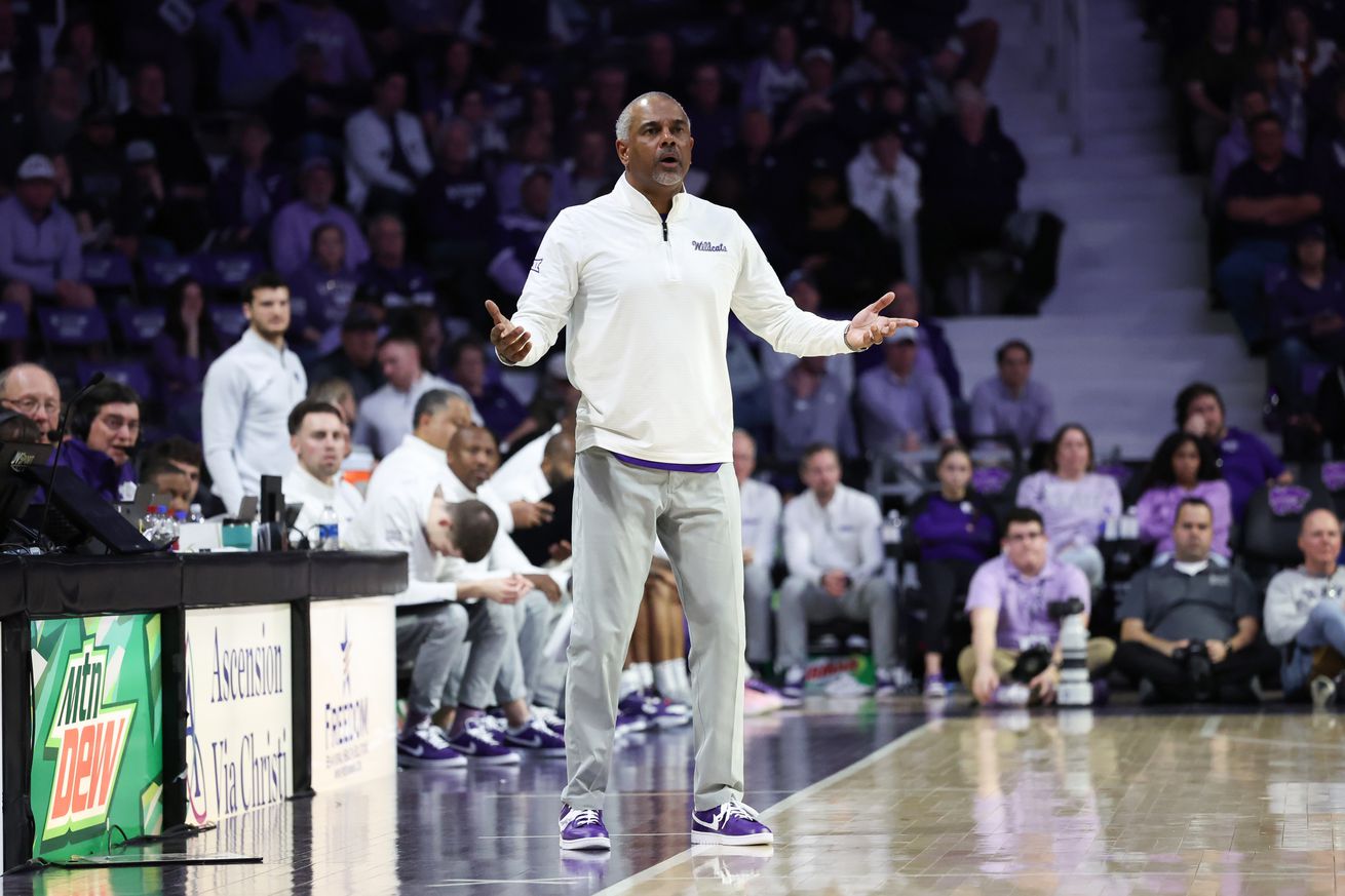 Mar 8, 2025; Manhattan, Kansas, USA; Kansas State Wildcats head coach Jerome Tang questions a call by the officials during the first half against the Iowa State Cyclones at Bramlage Coliseum.