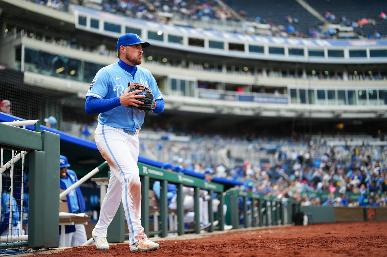 Hunter Renfroe #16 of the Kansas City Royals takes the field during the game between the Cleveland Guardians and the Kansas City Royals at Kauffman Stadium on Sunday, March 30, 2025 in Kansas City, Missouri.