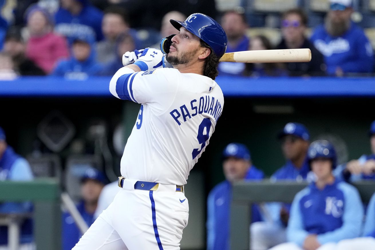 Vinnie Pasquantino #9 of the Kansas City Royals hits an RBI double in the first inning against the Minnesota Twins at Kauffman Stadium on April 07, 2025 in Kansas City, Missouri.