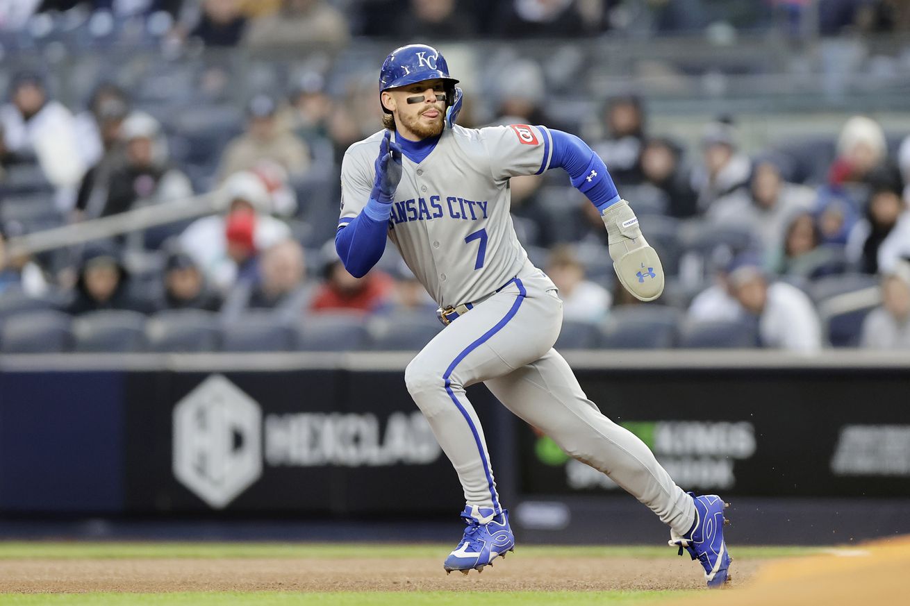 Bobby Witt Jr. #7 of the Kansas City Royals in action against the New York Yankees at Yankee Stadium on April 16, 2025 in New York City. The Yankees defeated the Royals 4-3.